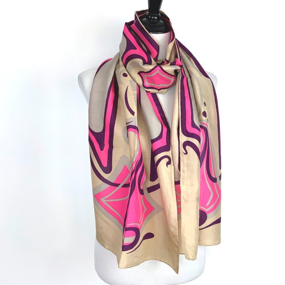 Vintage Long Rectungular Scarf Art-Nouveau Inspired Abstract Design 74"X16"